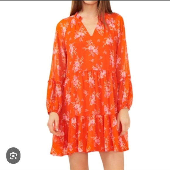 Vince Camuto Orange Floral Dress Size XL Sheer Long Sleeve Flowy V Neck Tiered - Picture 1 of 12
